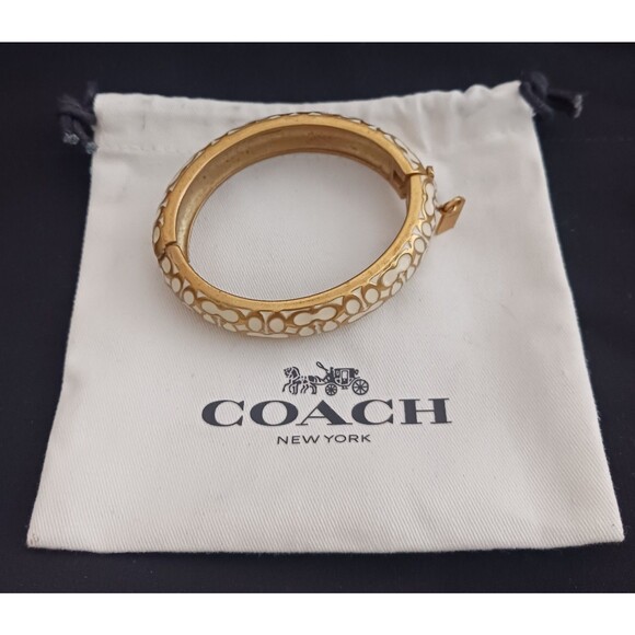 VTG Coach Cream/Gold C Logo Enamel Snap Clasp Bangle Bracelet Logo Charm Dustbag - Picture 10 of 10